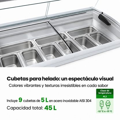 Congelador para helados vidrio curvo con cupula 9 azafates