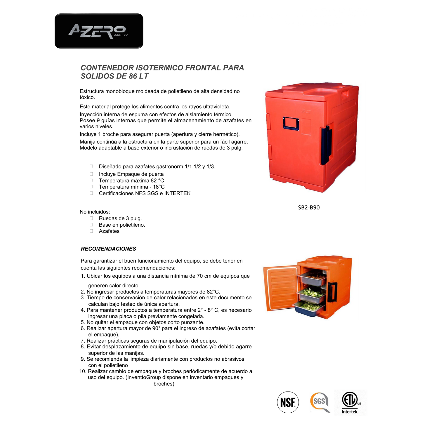 Contenedor isotérmico frontal 86 lts