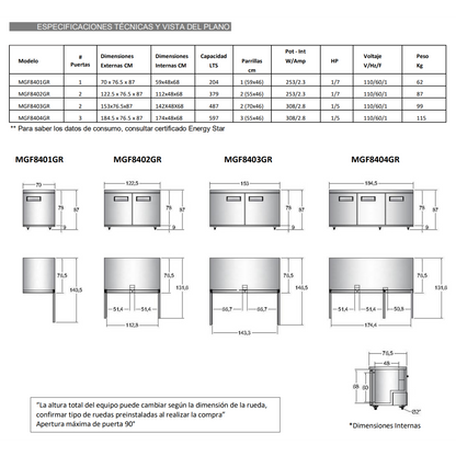 Mesón Refrigerado de 2 Puertas de 123 cm