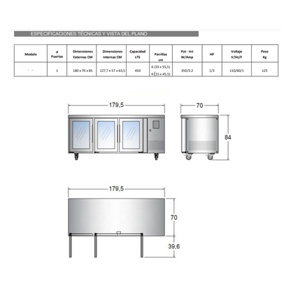 Mesa refrigerada para bar 180 cm.