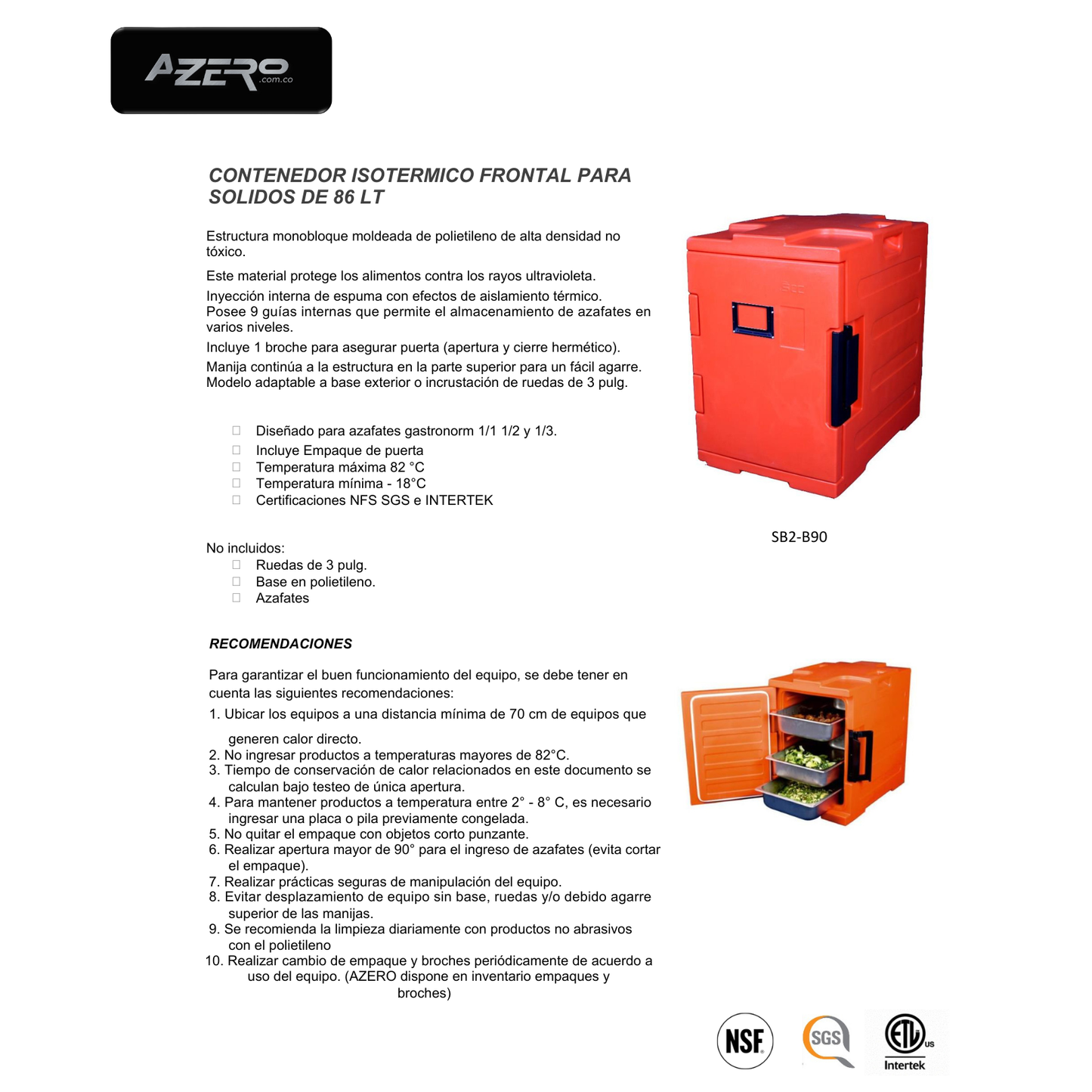 Contenedor isotérmico frontal 86 lts