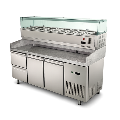 Mesa Refrigerada para PIZZAS con 3 puertas (2 Puertas + 1 Cajon refrigerado)