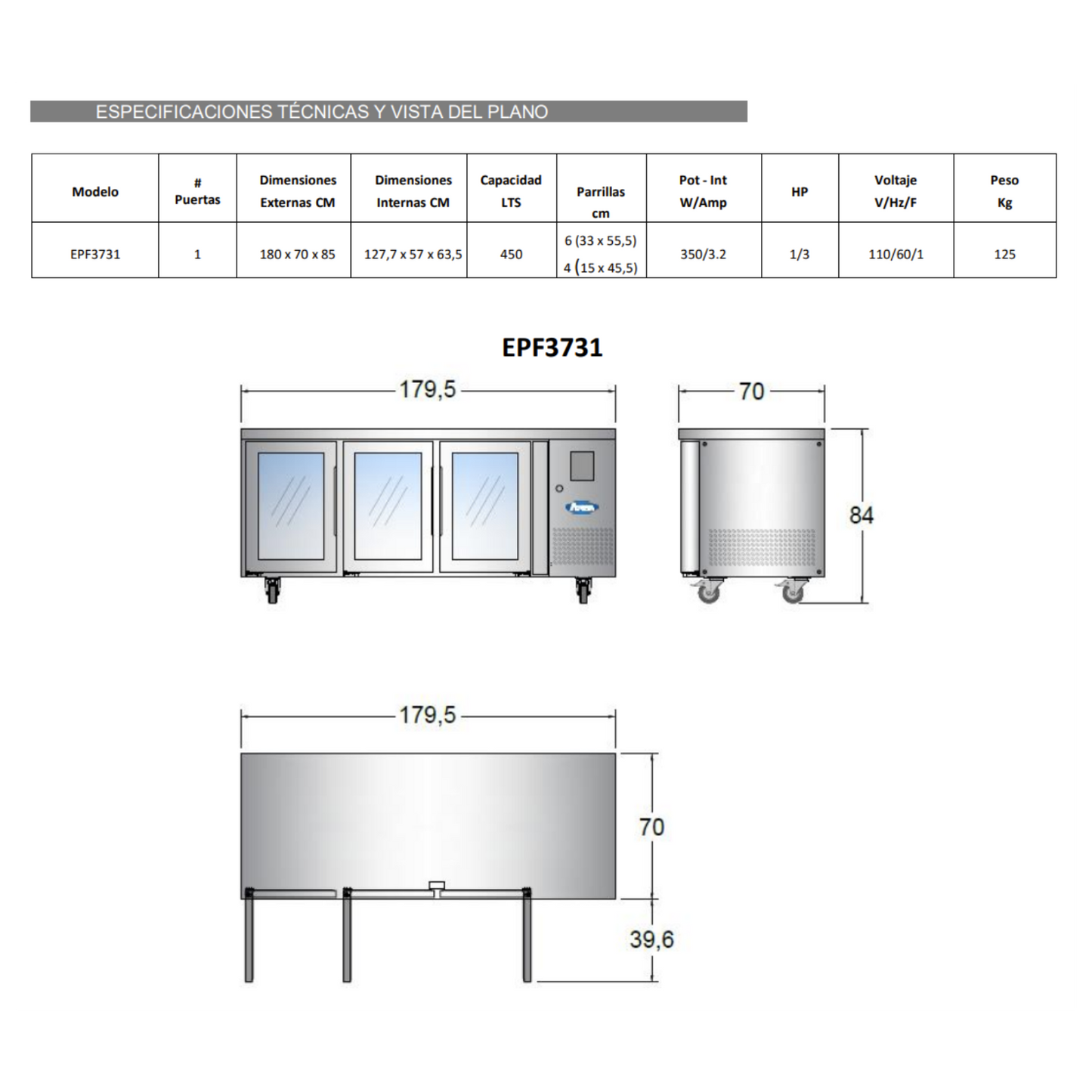 Mesón refrigerado de exhibición 3 puertas de 180 cm