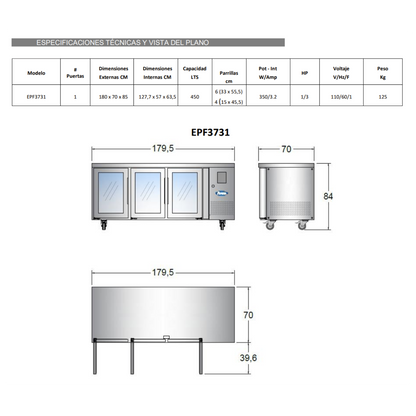 Mesón refrigerado de exhibición 3 puertas de 180 cm