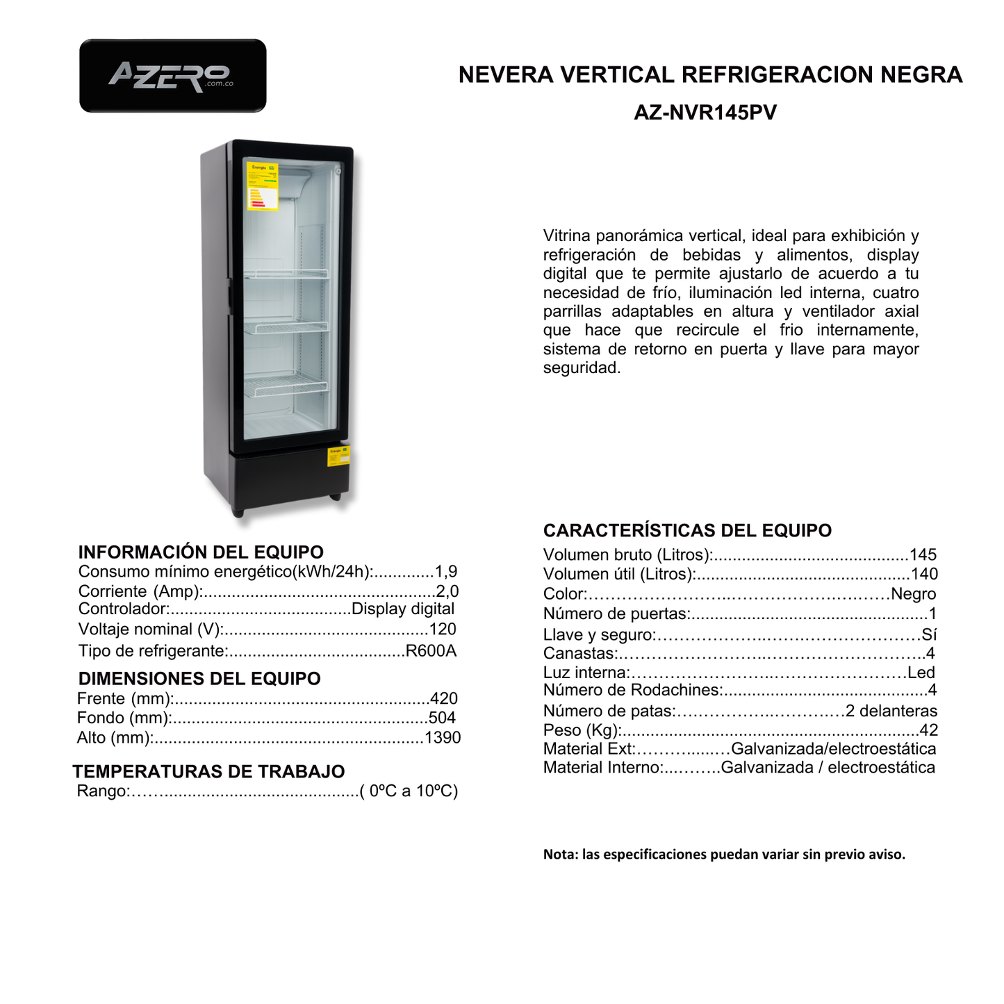 Nevera Vertical Refrigeración 145 litros Negra