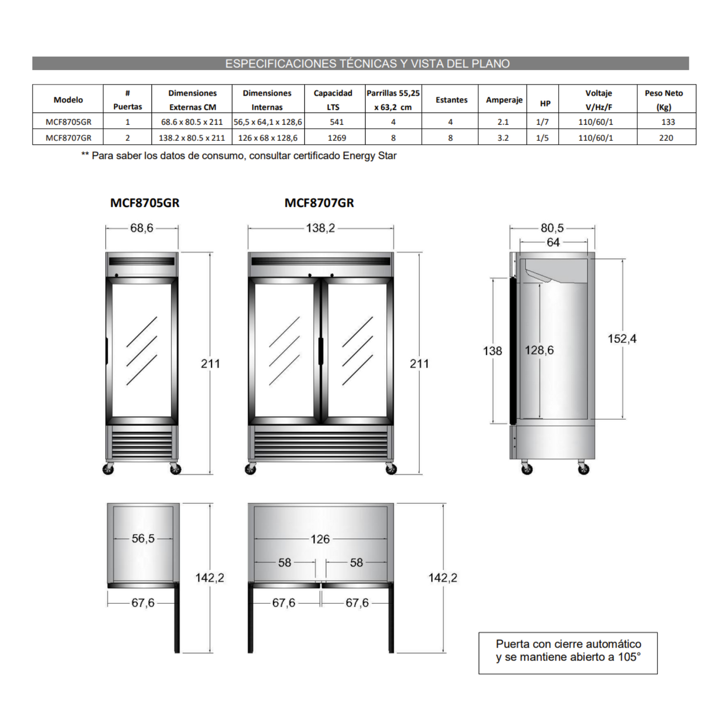 Refrigerador una puerta de vidrio 541 LTS