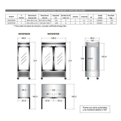 Refrigerador una puerta de vidrio 541 LTS