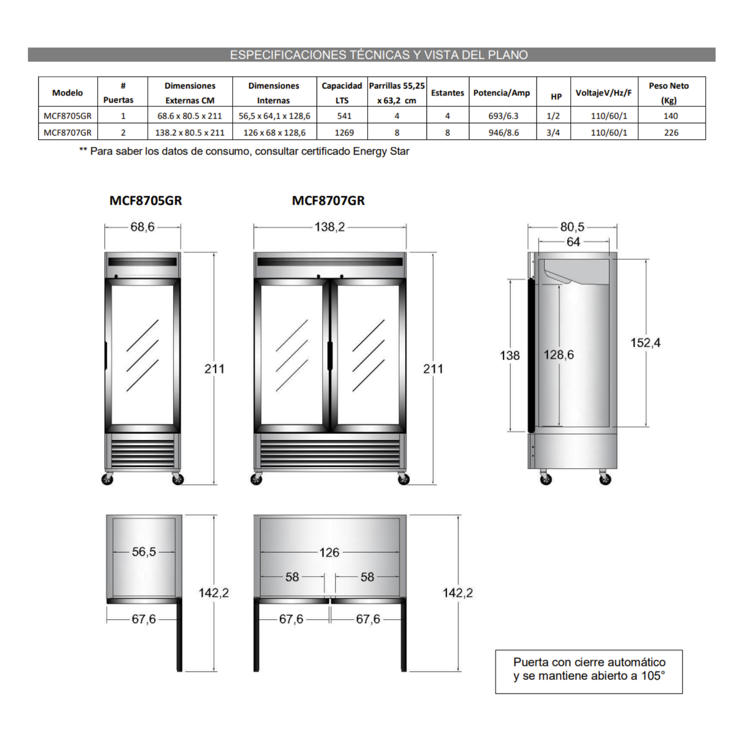 Congelador una puerta de vidrio 541 LTS