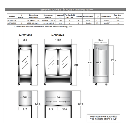 Congelador una puerta de vidrio 541 LTS