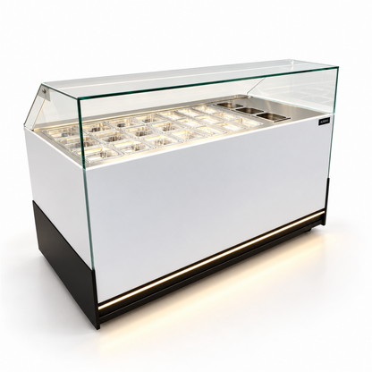 Vitrina Topinera 12 Refrigerados + 12 Neutros + 3 Calientes 160 mts. EVO WHITE