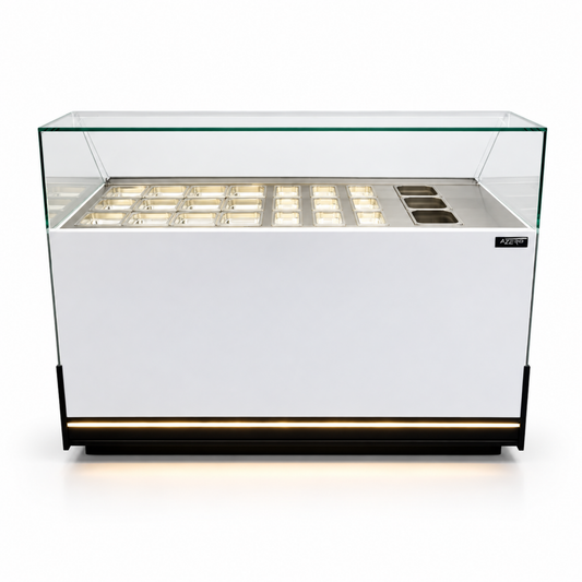 Vitrina Topinera 12 Refrigerados + 12 Neutros + 3 Calientes 160 mts. EVO WHITE