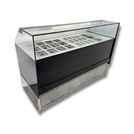 Vitrina Topinera 12 Refrigerados + 12 Neutros + 3 Salsas Calientes negra 180 mts.